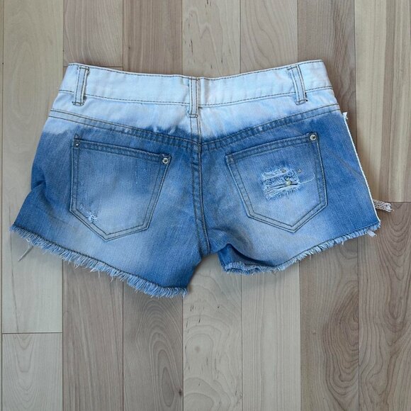 Y2K Two-Tone Low-Rise Denim Shorts – Lace-Up, Rhinestones & Pearls - Picture 3 of 8